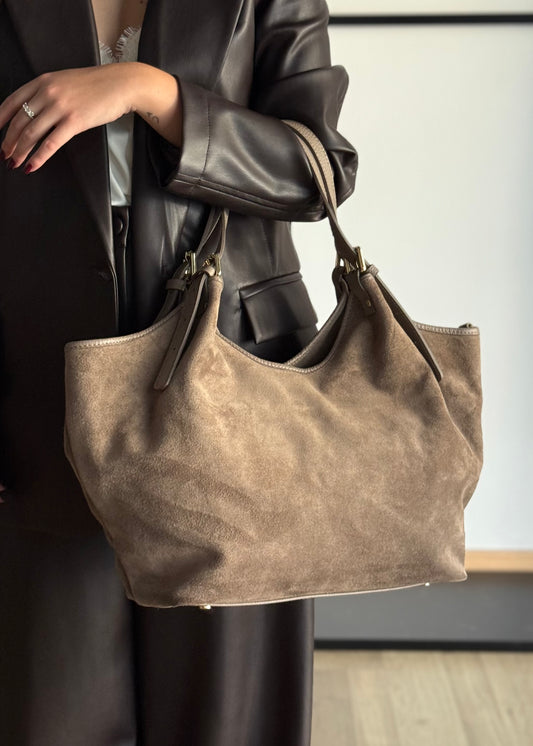 Shopper in Camoscio Tortora con Doppi Manici