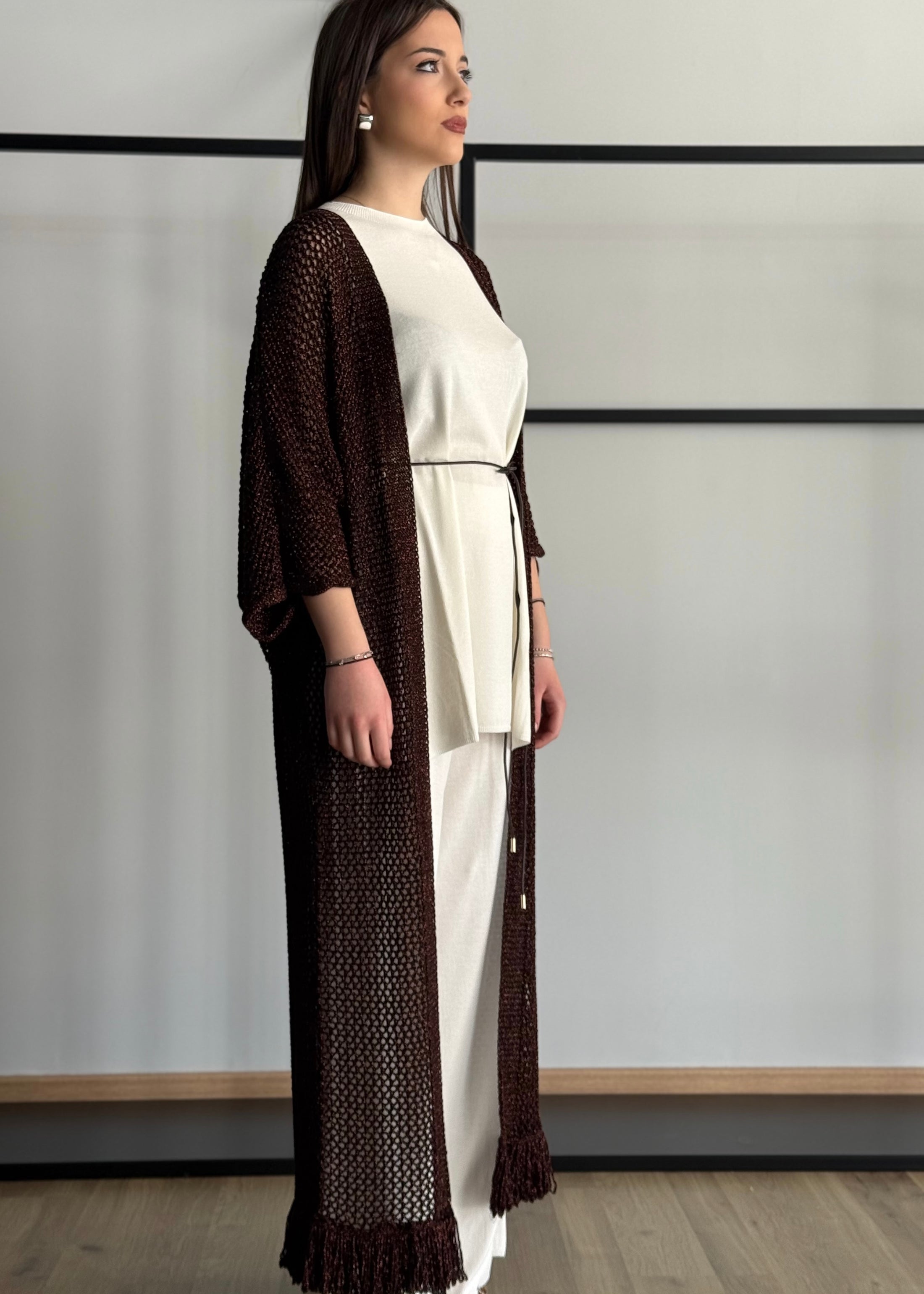 Cardigan lungo KONTATTO traforato con frange