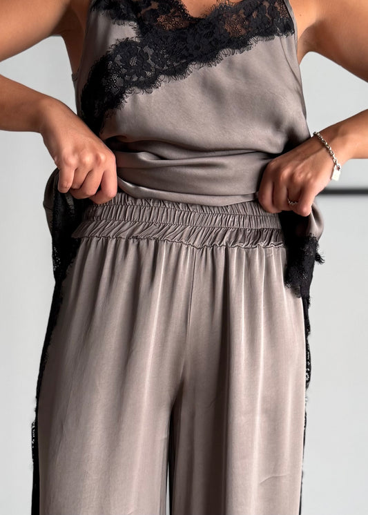 Pantalone a palazzo fango con pizzo a contrasto - ZAHJR