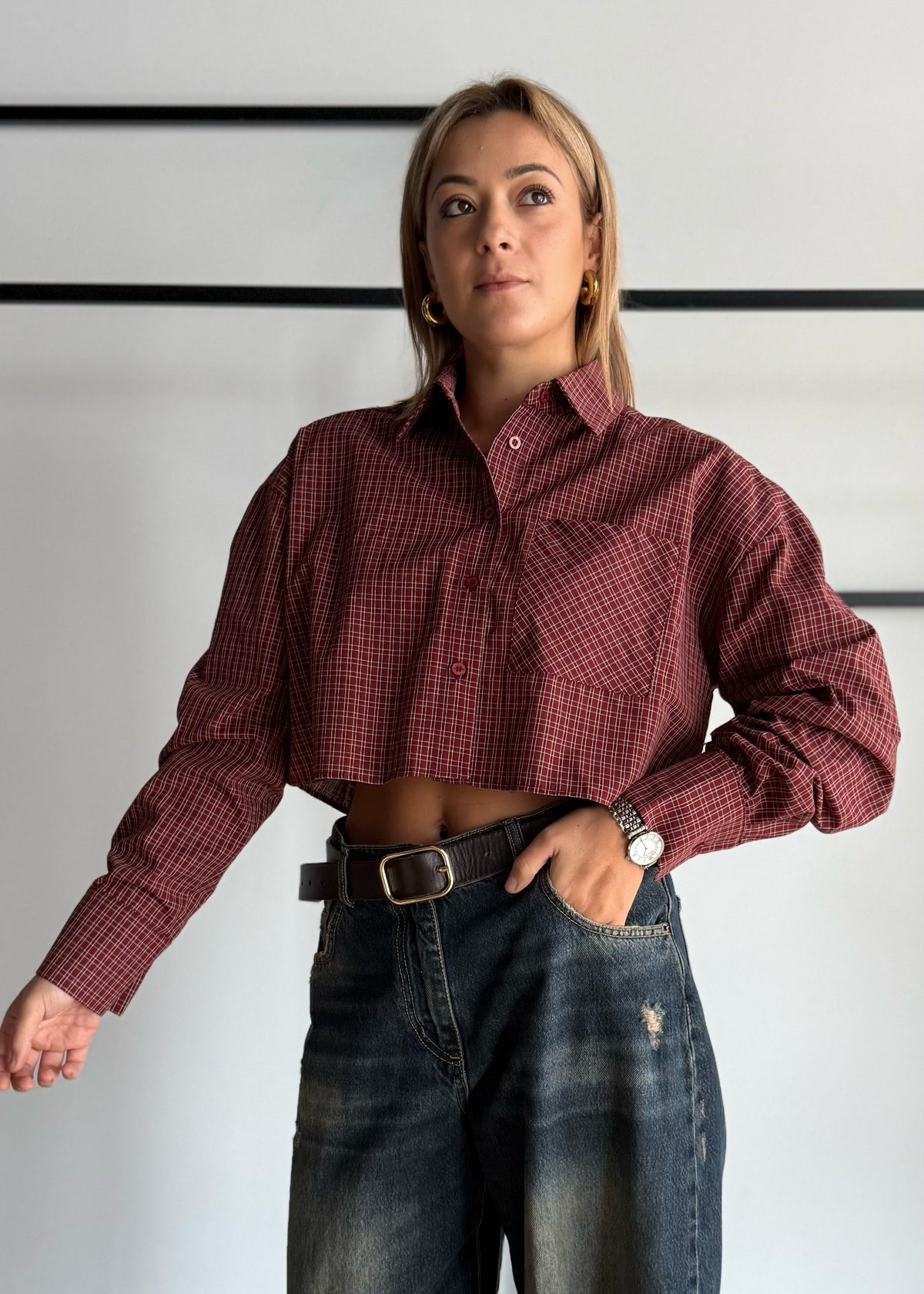 Camicia cropped a quadri con taschino