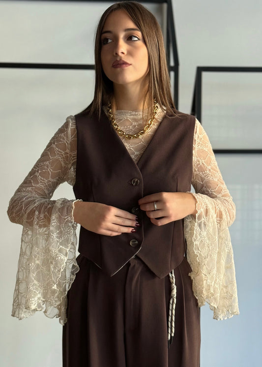 Coordinato gilet e pantalone palazzo in tessuto fluido -PHILIALOFT