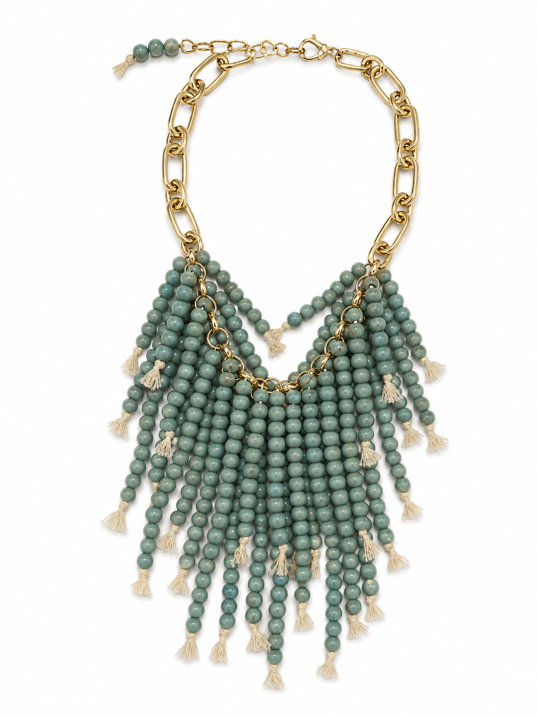 Collana Statement con Frange di Perline Verde Salvia e Catena Dorata