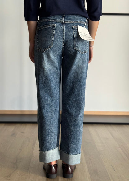 Jeans dritto blu con risvolto