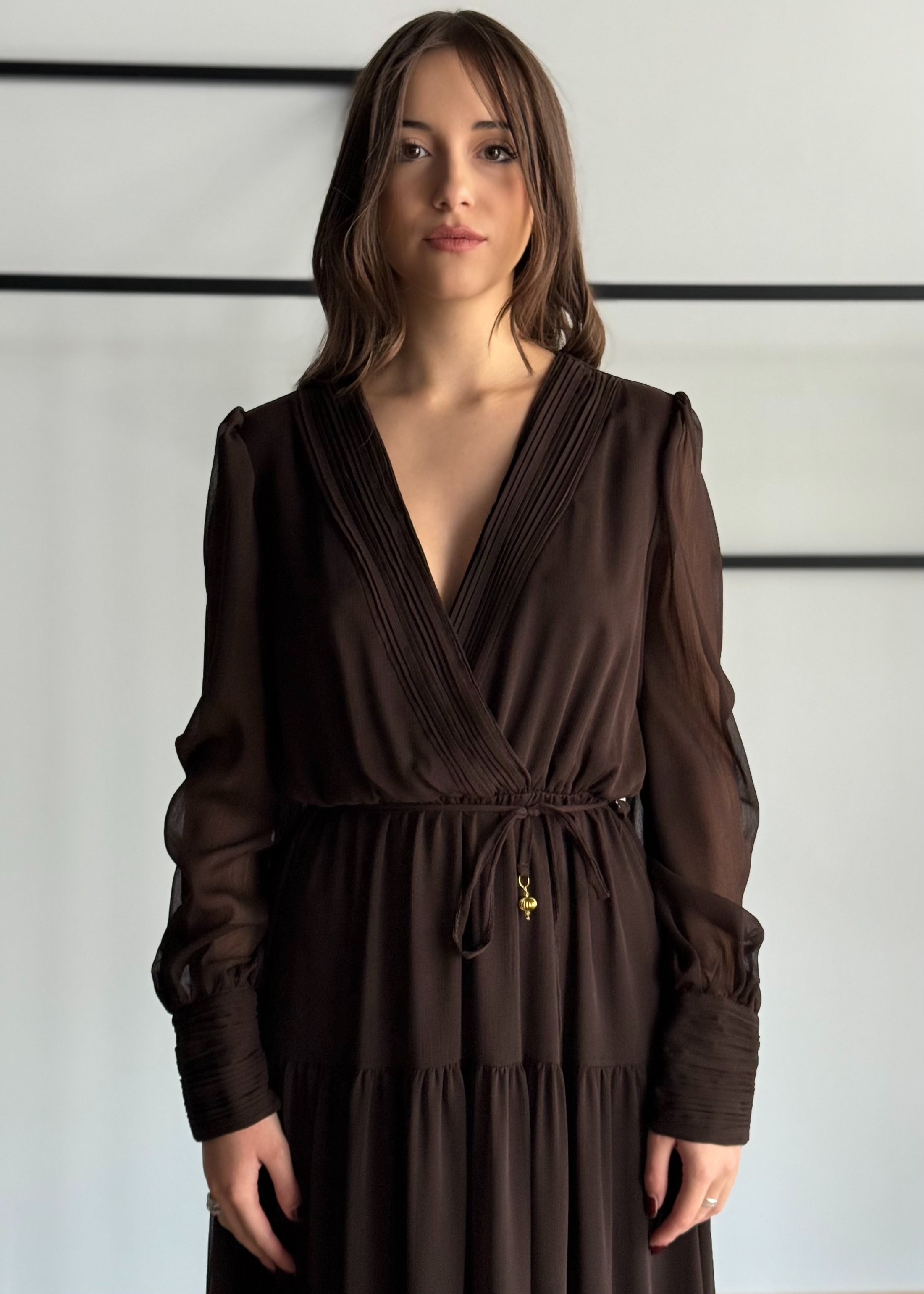 Abito lungo in chiffon con scollo a V e cintura -PHILIALOFT